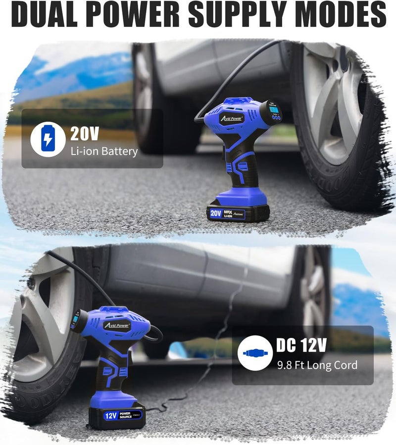 AVID POWER Cordless Tire Inflator Portable Air Compressor, 20V Rechargeable Battery Powered Car Tire Pump w/ 12V DC Adapter, Digital Pressure Gauge, Air Pump for Car, Bike, Motorcycle, Ball - Image 5